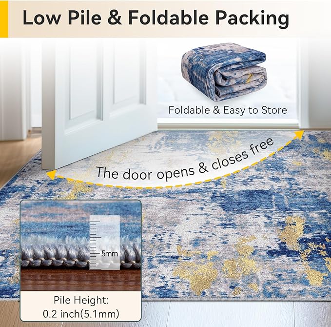Washable Area Rugs 2'6'' x14 Non-Slip Modern Abstract Soft for Living Room Entryway Bedroom Nursery, Print Pattern, Grey Blue Gold/Golden