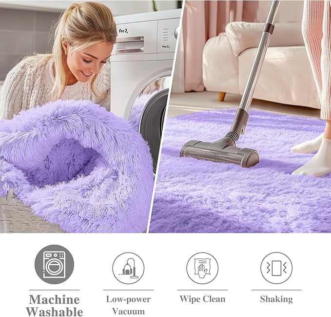 OLANLY Light Purple Round Rugs for Bedroom - Machine Washable, 8 ft Circle Area Rugs for Living Room, Soft and Fluffy Shaggy Carpet for Teen Girls and Boys, Nursery Rooms, Dorms, Home Decor Aesthetic
