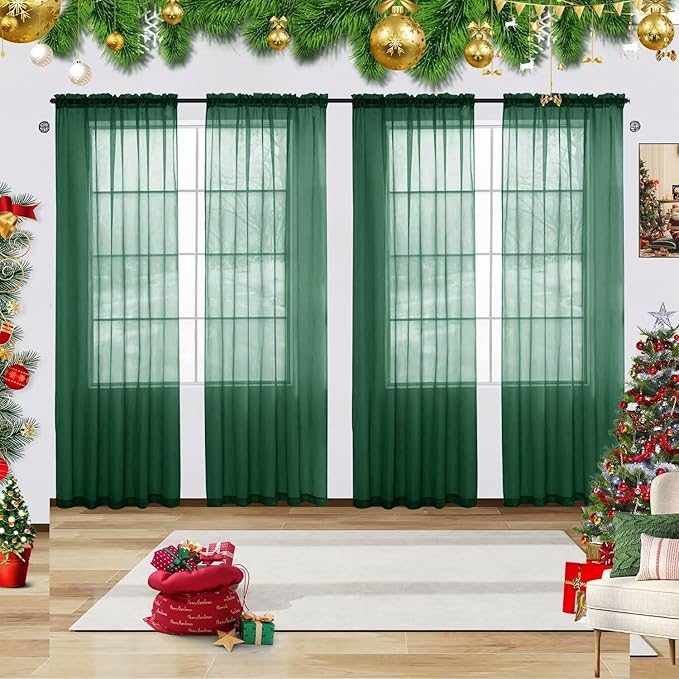 youleyar Solid Sheer Rod Pocket Curtain Voile Draperies 4 Panels White Beige Black Grey Ivory 52 Inch Width 96 Inch Long 1 Pair for Kitchen Bedroom Children Living Room Yard(Foliage Green,52 Wｘ96 L)