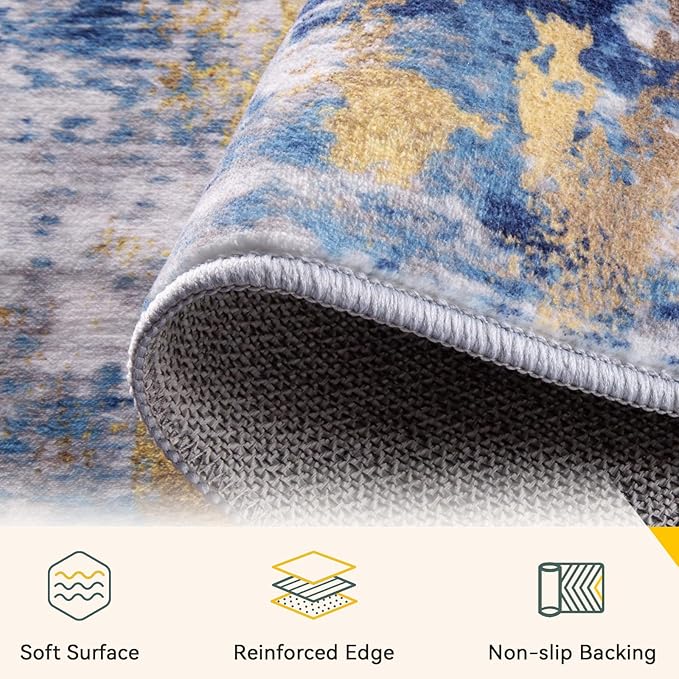 Washable Area Rugs 10'x12' Non-Slip Modern Abstract Soft for Living Room Entryway Bedroom Nursery, Print Pattern, Grey Blue Gold/Golden