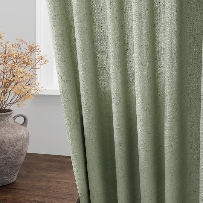 Light Sage Linen Curtains 108 Inches Long for Living Room 2 Panels Set Extra Long Back Tab Curtain Semi Sheer Light Filtering Sage Green Drapes Floor to Ceiling Drapes for Large Windows 52x108