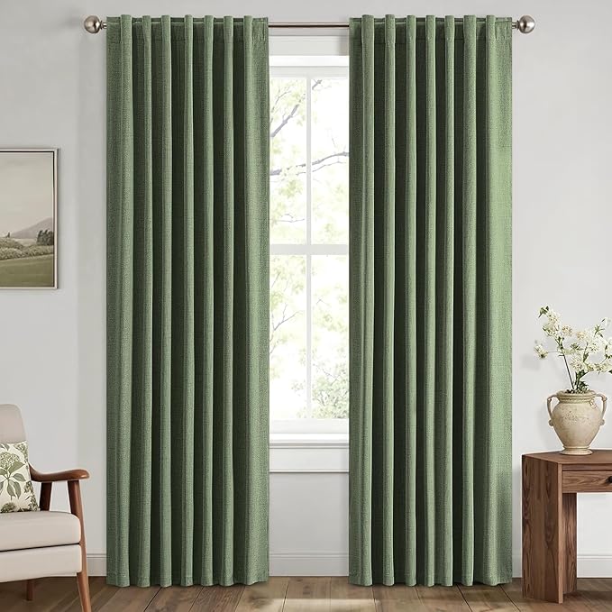 MIULEE 100% Blackout Linen Curtains for Bedroom, Olive Green Solid Luxury Decor Thermal Insulation Room Darkening Drapes for Living Room Nursery Back Tab Rod Pocket 42 x 63 Inches, 2 Panels