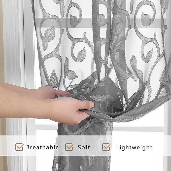 OWENIE Furman Sheer Curtains 45 Inch Long 2 Panels Set, Airy Jacquard Clip Short Voile Curtains for Kitchen Dinning Room Small Windows Bedroom Living Room, Top Dual Rod Pocket, Grey, 28Wx45L inch