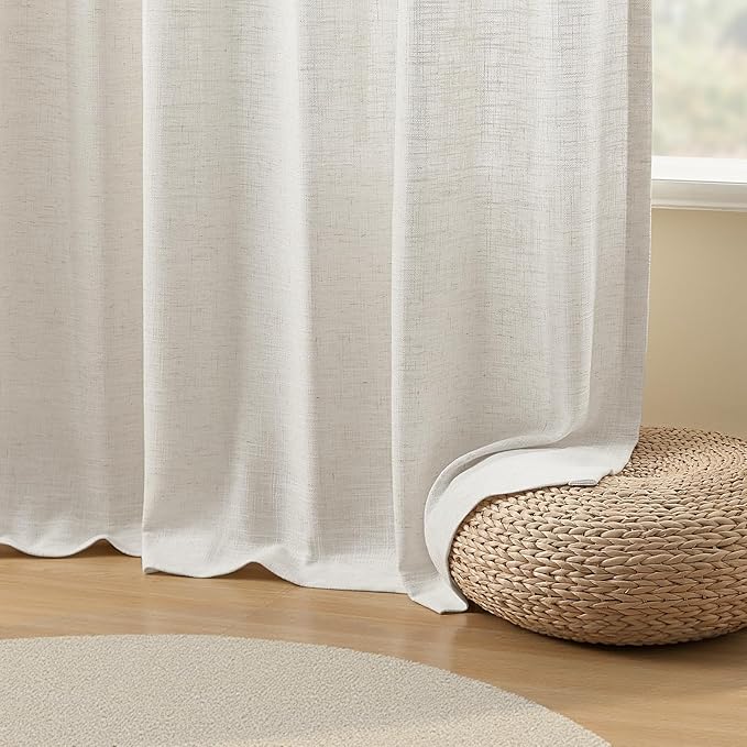 IVAPUPU Pinch Pleated Curtains 90 Inch Long for Living Room, Extra Wide Semi Sheer Pleated Drapes Back Tab Hooks Rings Light Filtering Privacy Linen Curtain for Office, Beige White, 70Wx90L, 1 Panel