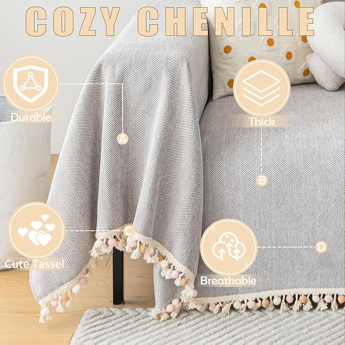 HANDONTIME Grey Sofa Cover for Couch Boho Couch Cover for 3 Seat Dog Couch Cover Love Seat Couch Covers Light Grey Sectional Cover 71" X134" Tassel Chenille Herringbone Sofa Covers Washable