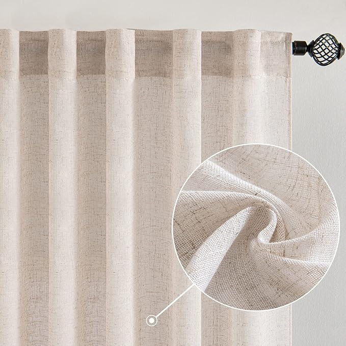 MIULEE Natural White Linen Curtains 95 Inch Length 2 Panels for Bedroom Living Room, Soft Thick Linen Textured Window Drapes Semi Sheer Light Filtering Back Tab Rod Pocket Burlap Look Decor