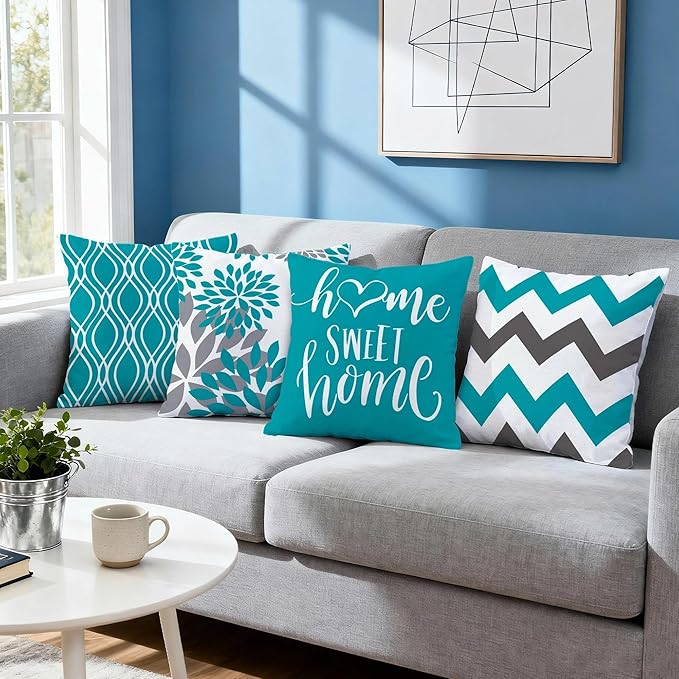Hexagram Geometric Teal Pillow Covers 20x20 Set of 4, Decorative Outdoor Boho Modern Throw Pillow Covers, Home Sweet Home Farmhouse Cushion Case for Couch Sofa Bedroom Indoor Decor(No Insert)