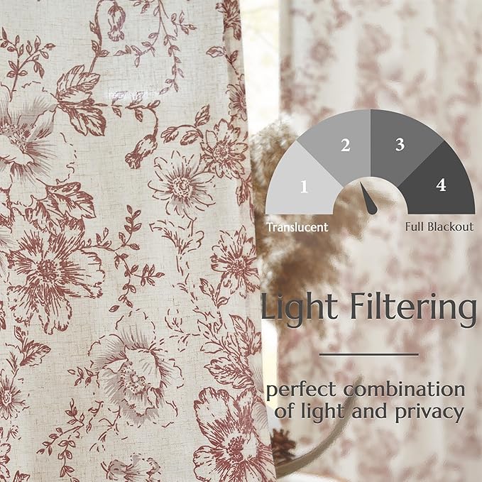 jinchan Linen Blend Curtain Floral Curtains for Living Room 96 Inch Length Farmhouse Brick Red Printed Curtain Rod Pocket Back Tab Peony Flower Patterned Drapes Curtains Set 2 Panels