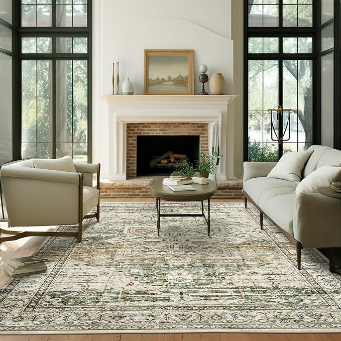 Soalmost Washable Area Rug 8x10, Large Soft Rugs for Living Room Farmhouse Vintage Area Rugs for Bedroom Dining Room Non-Slip Stain Resistant Under Table Rug Olive Beige