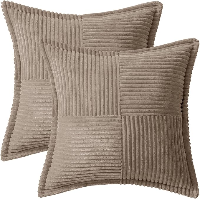 MIULEE Decorative Throw Pillow Covers for Couch Bed Livingroom 18x18 Inch Set of 2 Light Brown Boho Accent Throw Pllows Broadside Striped Patchwork Soft Corduroy Pillowcases