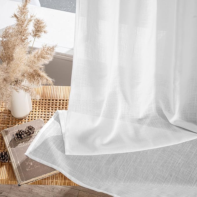 MIULEE White Linen Curtains Short 45 Inch Length 2 Panels for Kitchen Bedroom, Soft Thick Linen Textured Window Drapes Semi Sheer Light Filtering Back Tab Rod Pocket Burlap Look Decor
