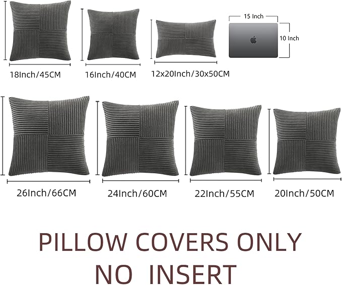 Fancy Homi 2 Packs Dark Gray Lumbar Decorative Throw Pillow Covers 12x20 Inch for Living Room Couch Bed Sofa, Farmhouse Home Decor, Soft Striped Corduroy Rectangle Accent Cushion Case 30x50 cm