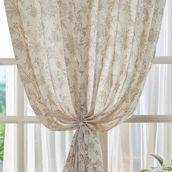 jinchan Linen Floral Curtains for Living Room with Printed Flower 96 Inches Long Light Filtering French Country Back Tab Rod Pocket Taupe Window Curtain Set Farmhouse Drapes 2 Panels Taupe