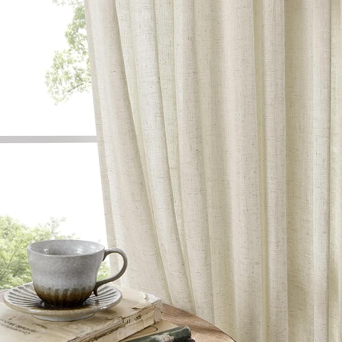 Joydeco Linen Curtains 96 Inch Length 2 Panel Sets, Light Filtering Curtains for Bedroom 52 Inch Wide Living Room Drapes with Back Tabs & Rod Pockets (W52 x L96 Inch, Beige)