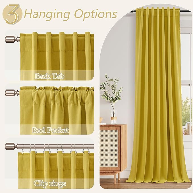 Guken 100% Blackout Curtains 96 Inch Length 2 Panels Set for Living Room Bedroom Back Tab Thermal Insulated Black Out Linen Drapes Room Darkening Celery Yellow,52x96