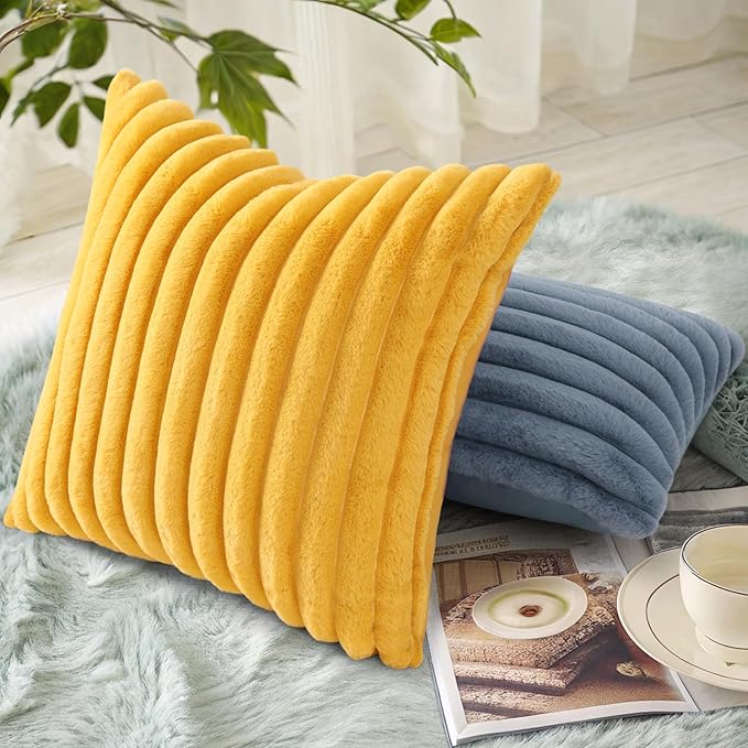 decorUhome Summer Cozy Faux Fur Throw Pillow Covers 20x20 Set of 2 Decorative Soft Plush Striped Modern Farmhouse Boho Couch Pillow Cases with Velvet Back for Sofa Bed Living Room, Mustard Yellow