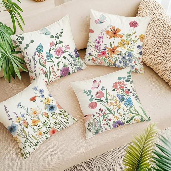 ONFAON Spring Pillow Covers 16x16 Inch Set of 4,Seasonal Floral Outdoor Decorative Square Linen Farmhouse Decor Cushion Covers for Home Sofa Bed Couch