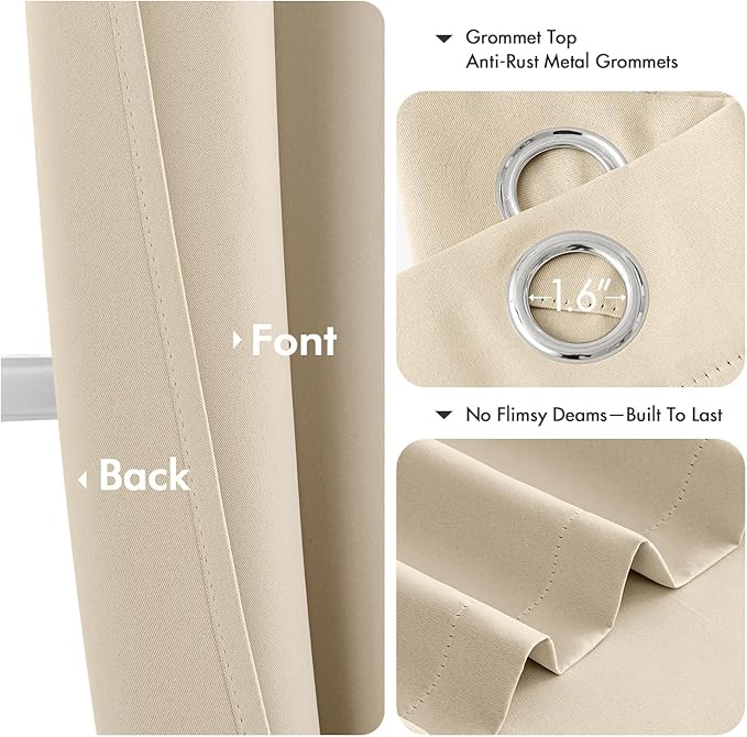 MIULEE Cream Beige Blackout Curtains for Bedroom Living Room 63 Inches Long 2 Panels, Thermal Insulated Room Darkening Drapes Solid Grommet Noise Reduction Light Blocking Window Treatments 50x63 Inch