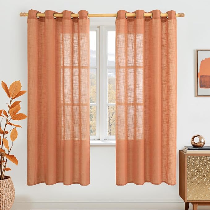 LAMIT Burnt Orange 78 inch Linen Curtains for Living Room 2 Panels, Linen Textured Light Filtering Drapes Semi Sheer Bronze Grommet Panels for Bedroom/Farmhouse Fall Decor, 52 x 78 Inch