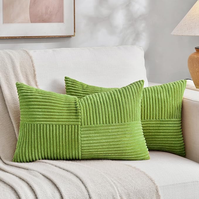 Fancy Homi Set of 2 Lime Green Lumbar Decorative Throw Pillow Covers 14x24 Inch for Couch Bed, Modern Farmhouse Boho Home Decor, Soft Striped Corduroy Rectangle Accent Cushion Case 35x60 cm