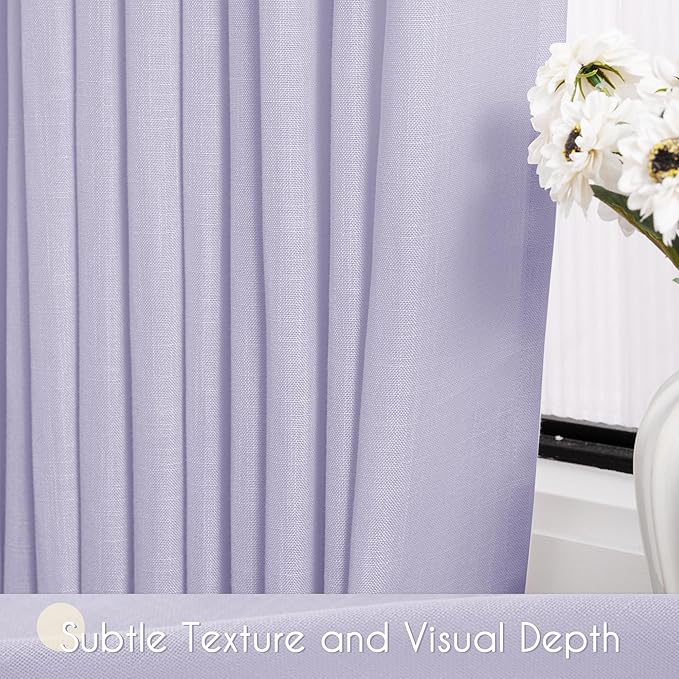 Lavender Semi Sheer Linen Curtains 96 Inches Long 2 Panels Set for Living Room Back Tab Light Filtering Long Drapes Modern Farmhouse Light Violet Purple Bedroom Decor 52ﾗ96