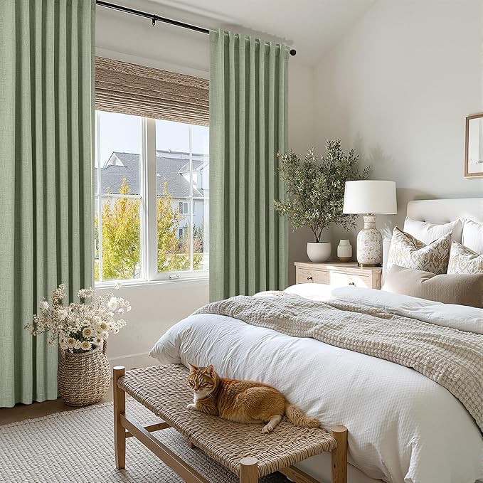 MIULEE 100% Blackout Linen Curtains for Bedroom, Sage Green Solid Luxury Decor Thermal Insulation Room Darkening Drapes for Living Room Nursery Back Tab Rod Pocket 42 x 84 Inches, 2 Panels