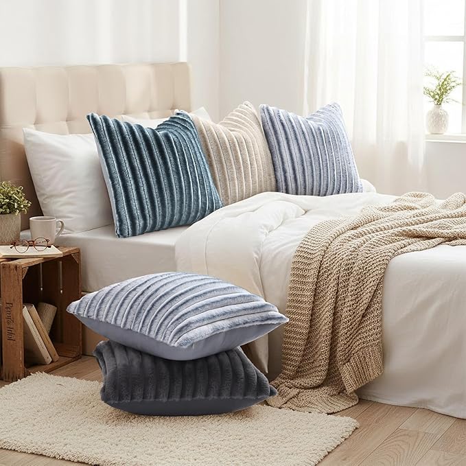 decorUhome Cozy Faux Fur Throw Pillow Covers 12x20 Set of 2 Decorative Soft Plush Striped Lumbar Modern Farmhouse Boho Couch Pillow Cases with Velvet Back for Sofa Bed Living Room, Blue Grey