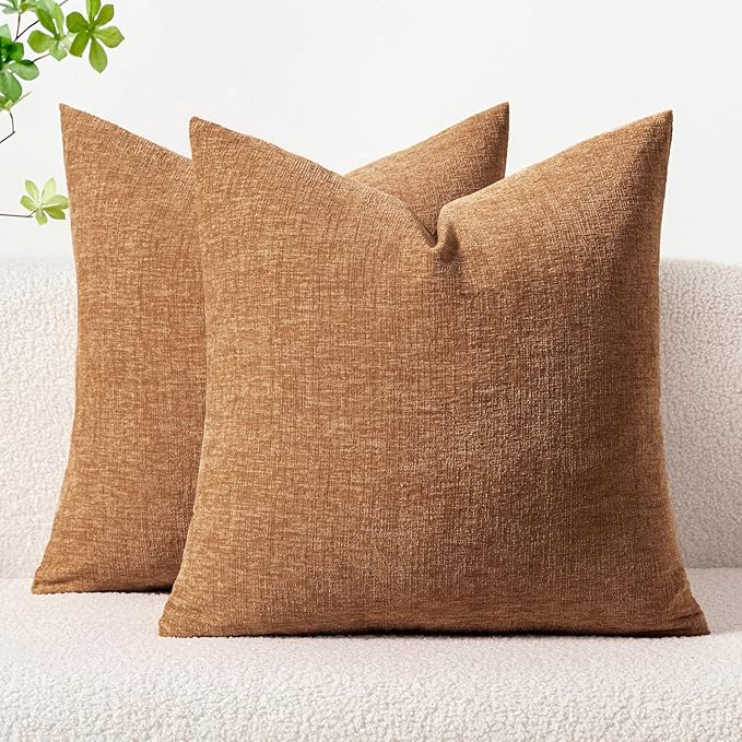 MIULEE Pack of 2 Brown Throw Pillow Covers 24x24 Inch Soft Chenille Pillow Covers for Sofa Living Room Couch Solid Dyed Cases