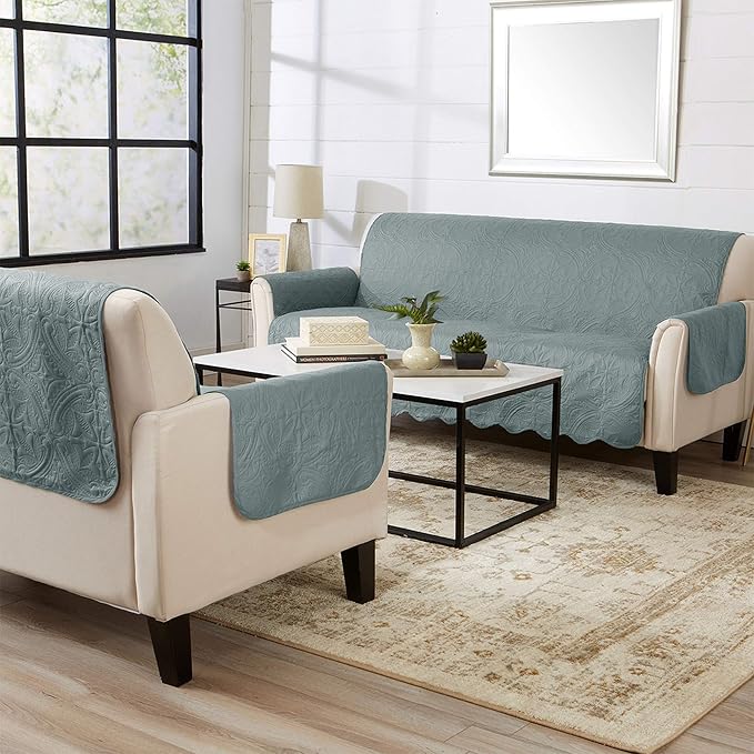 Great Bay Home Reversible Chair Cover - Washable Slipcover Furniture Protector with Elastic Straps - Perfect for Kids & Pets - Quilted & Stitched Detail (Mirage Gray/Flax)