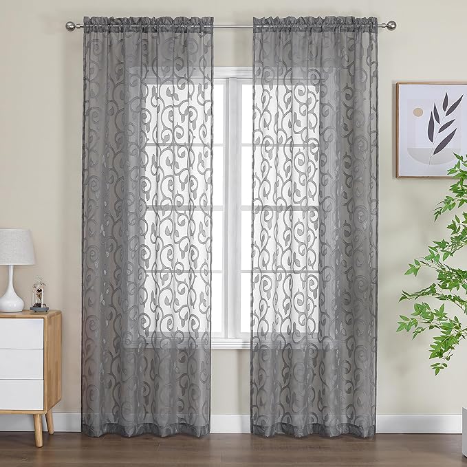OWENIE Furman Sheer Charcoal Gray Curtains 90 inches Long for Bedroom Living Room 2 Panels Set, Light Filtering Soft Semi Sheer Jacquard Clip Farmhouse Curtains Rod Pocket Design, Each 52Wx90L inch