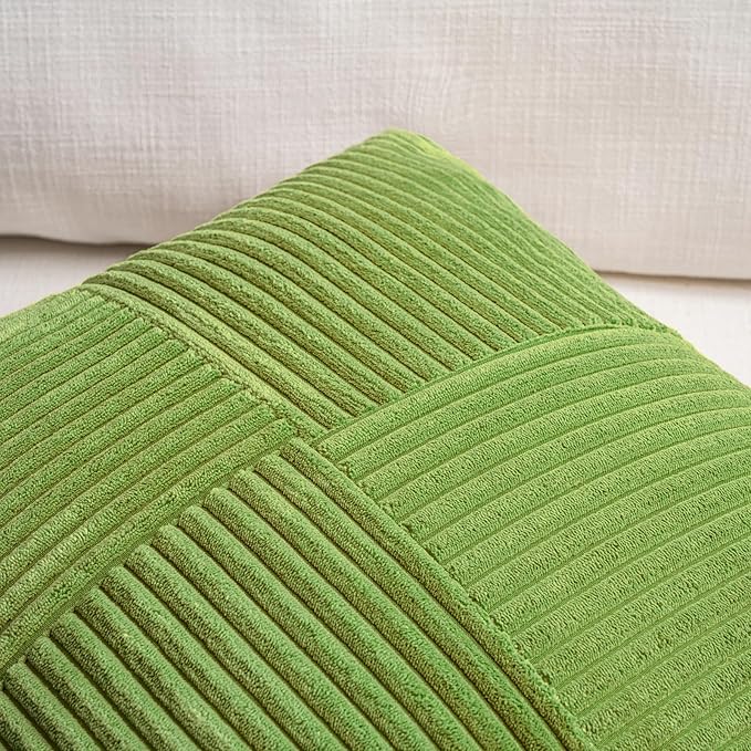 Fancy Homi Set of 2 Lime Green Lumbar Decorative Throw Pillow Covers 14x24 Inch for Couch Bed, Modern Farmhouse Boho Home Decor, Soft Striped Corduroy Rectangle Accent Cushion Case 35x60 cm