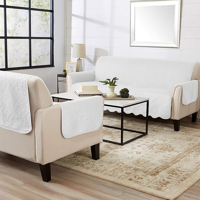 Great Bay Home Reversible Recliner Cover - Washable Slipcover Furniture Protector with Elastic Straps - Perfect for Kids & Pets - Quilted & Stitched Detail (White/Sand)