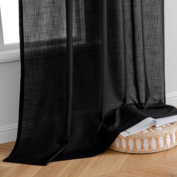 MIULEE Black Linen Curtains 96 Inch Length 2 Panels for Bedroom Living Room, Soft Thick Linen Textured Back Tab Window Drapes Semi Sheer Light Filtering Rod Pocket Modern Farmhouse Halloween Decor