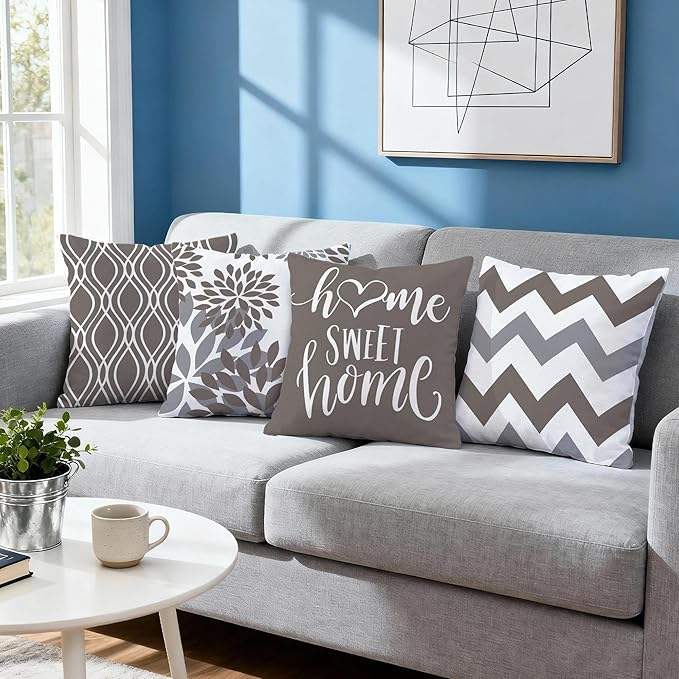 Hexagram Geometric Grey Pillow Covers 20x20 Set of 4, Decorative Outdoor Boho Modern Throw Pillow Covers, Home Sweet Home Farmhouse Cushion Case for Couch Sofa Bedroom Indoor Decor(No Insert)