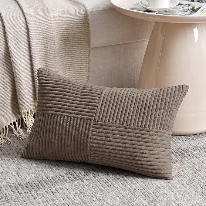 Fancy Homi Set of 2, Light Brown Patchwork Corduroy Decorative Soft Striped Modern Accent Cushion Case Farmhouse Boho Neutral Throw Pillow Covers for Chair Couch Bed Sofa Living Room 24x12 Inch