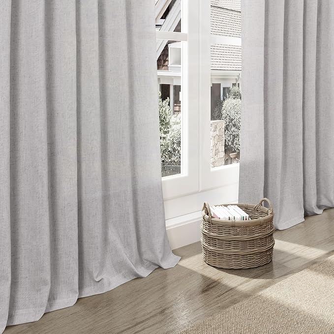 Nanspring Grey Linen Boho Curtains for Bedroom Back Tab Rod Pocket Semi Sheer Curtains 90 Inches Long 2 Panel Set Light Filtering Neutral Farmhouse Lightweight Drapes for Living Room 40x90