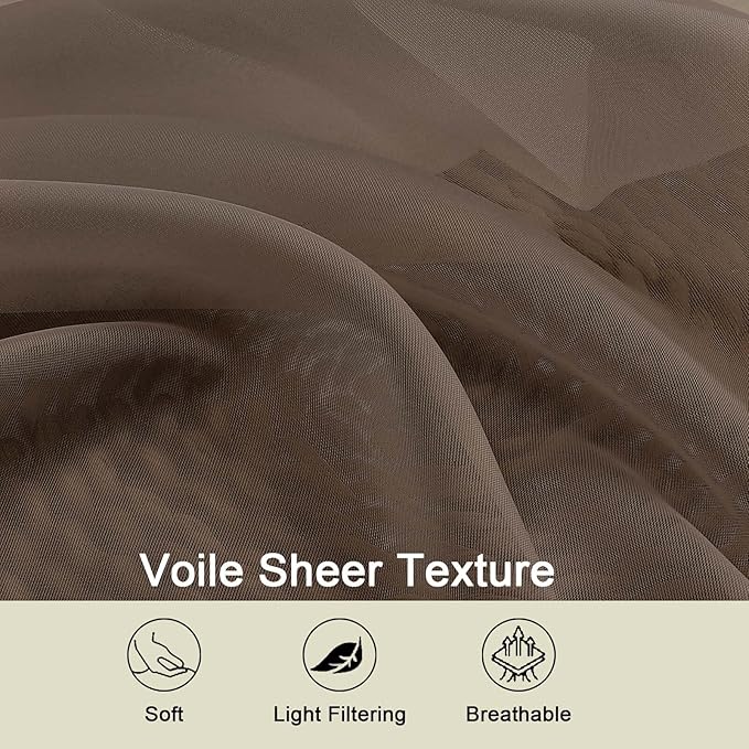 Sheer Chocolate Curtains for Bedroom Living Room 63 Inch Length 2 Panels, Airy Soft Light Filtering Sheer Dining Room Curtains, Modern Rod Pocket Drapes, Chocolate, Each 42" Wx63 L Inches