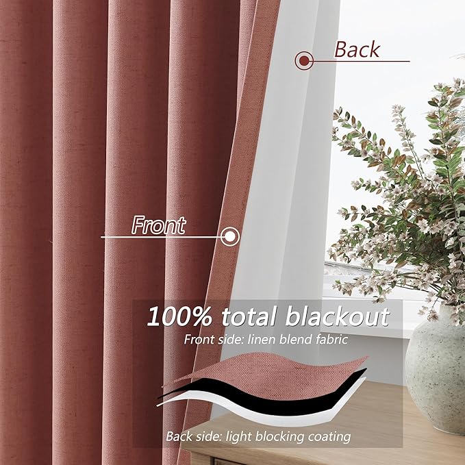 Dusty Rose 100% Blackout Linen Curtains 108 Inch Length 2 Panels Set for Girls Bedroom Back Tab Thermal Insulated Black Out Drapes Room Darkening Farmhouse Style for Bedroom Window Curtains 52x108