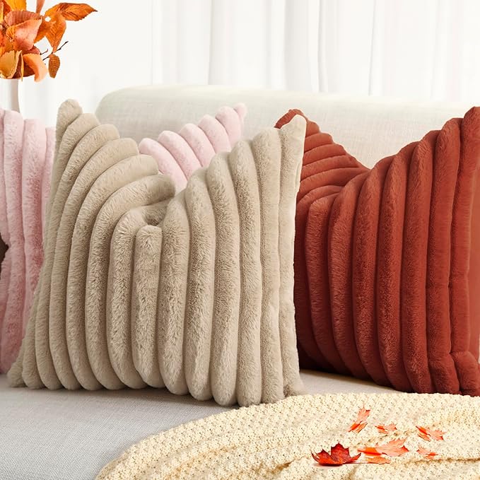 decorUhome Cozy Faux Fur Throw Pillow Covers 20x20 Set of 2 Decorative Soft Plush Striped Modern Farmhouse Boho Couch Pillow Cases with Velvet Back for Sofa Bed Living Room, Rust