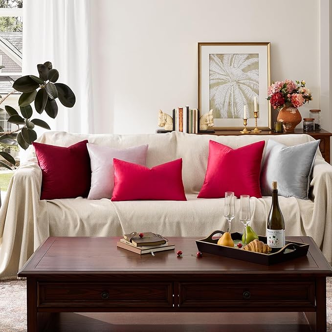 GIGIZAZA Decorative Throw Pillow Covers 16x16,Set of 2 Red Square Couch Pillow Covers,Velvet Sofa Boho Cushion Pillows