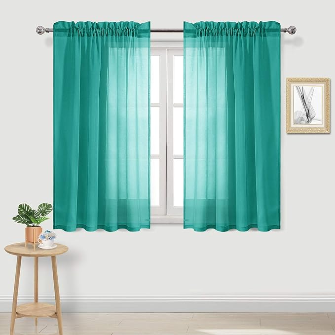 DWCN Teal Sheer Curtains Semi Transparent Voile Rod Pocket Curtains for Bedroom and Living Room, 52 x 54 inches Long, Set of 2 Panels