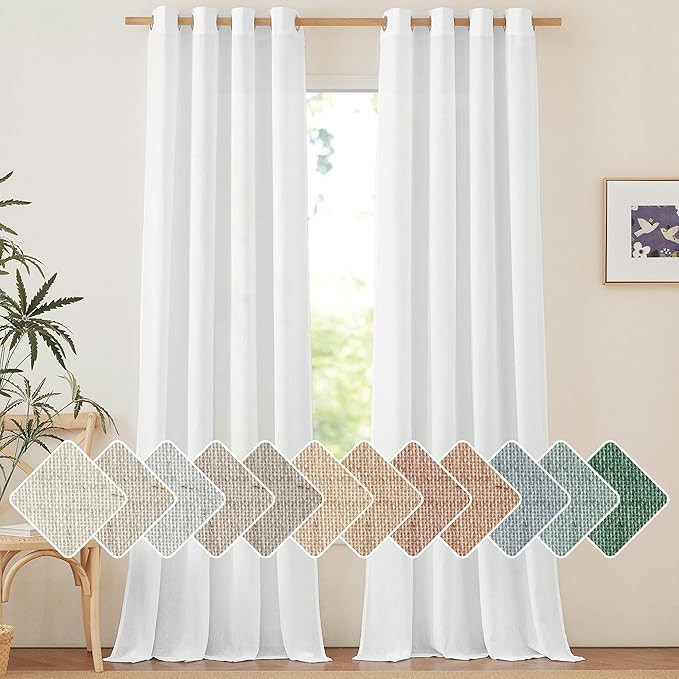 NICETOWN White Linen Curtains 132 inches Long, Grommet Privacy Added Linen Burlap Drapes with Light Filtering Window Treatments for Bedroom/Living Room, W55 x L132, 2 Panels