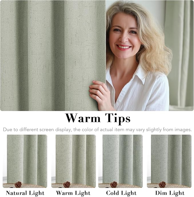 H.VERSAILTEX Bedroom Curtains Blackout, Sage Green Linen Blackout Curtains 84 Inches Long, 100% Blackout Thermal Textured Linen Look Curtain Draperies Grommet with White Liner, 2 Panels