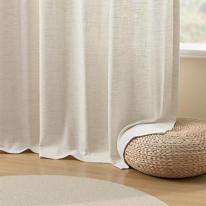 IVAPUPU Natural Extra Wide Pinch Pleated Linen Curtains for Living Room, Light Filtering Memory Training Semi Sheer Pleat Curtain with Hooks Rings Back Tab Window Treatments Drapes, 70Wx90L, 1 Panel