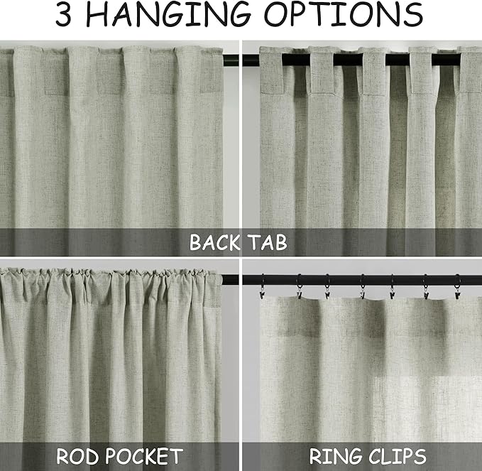 Nanspring Extra Wide Linen Curtains for Living Room 108 Inch Length for Room Divider Sage Green Rustic Farmhouse Drape Rod Pocket Back Tab Light Filtering Bedroom Window Curtain for Sliding Door