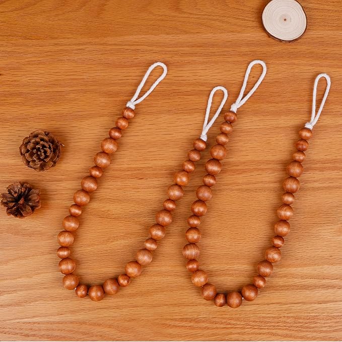 Wood Bead Curtain Tiebacks, KLOGTSIND Set of 6 Curtain Holdbacks for Thin or Thick Window Draperies, Boho Farmhouse Curtain Tiebacks with Hooks, Curtain Tie Backs for Home Office Room Decor