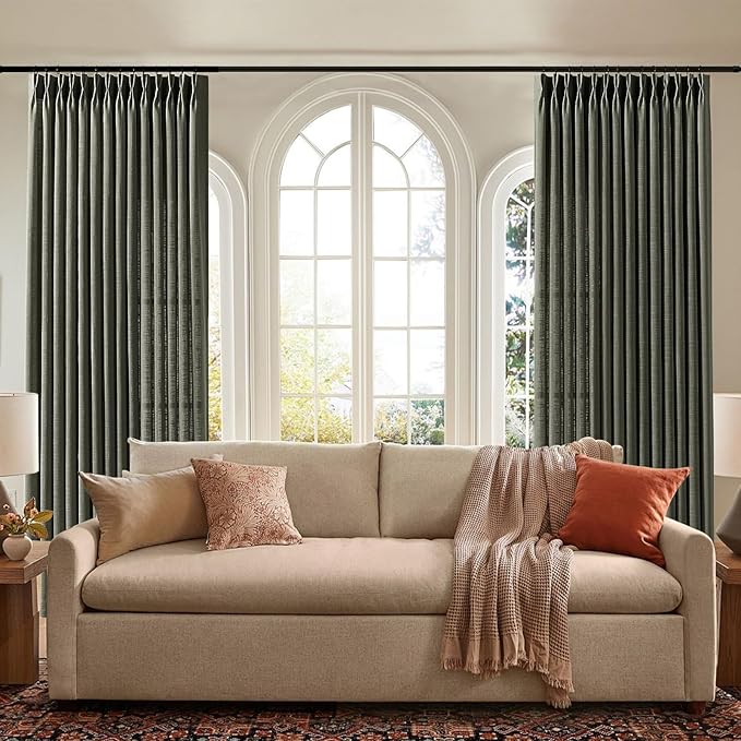 Pinch Pleated Curtains 90 Inch Length for Living Room, Semi Sheer Linen Pleated Curtain with Hooks Rings Light Filtering Back Tab Drapes for Bedroom Dining Room, 40x90, Charcoal Grey, 2 Panels