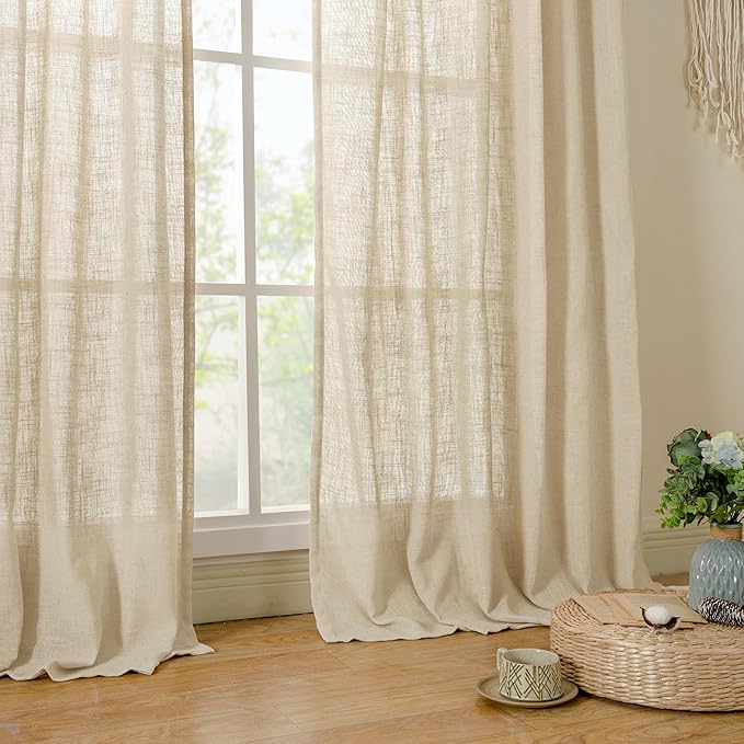 LAMIT Semi Sheer Linen Curtains 36 Inch Length 2 Panels, Light Filtering Panels Back Tab and Rod Pocket Neutral Drapes for Cafe/Kitchen/Loft Room, Linen, 25 x 36 Inch