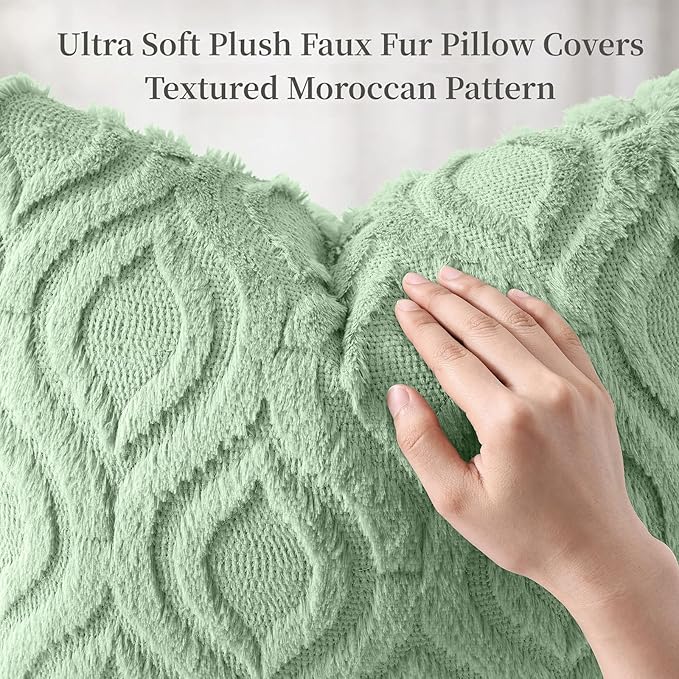 decorUhome Throw Pillow Covers 18x18 Inch Set of 2, Soft Plush Faux Wool Sage Green Solid Couch Pillow Covers, Accent Farmhouse Neutral Square Pillow Cases for Sofa Bed Living Room