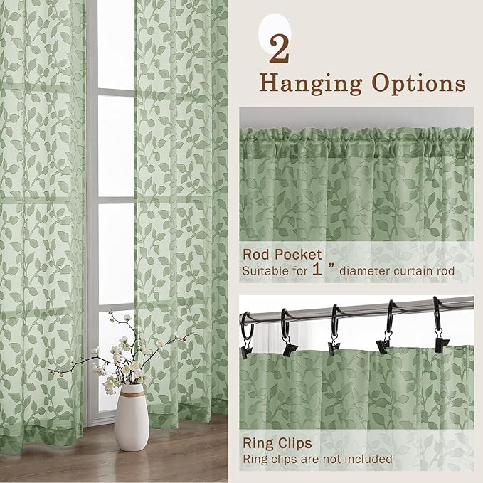 Chyhomenyc Sage Green Sheer Curtains 54 Inch Length for Living Room 2 Panels Set, Light Filtering Tufted Textured Soft Airy Rod Pocket Leaf Window Treatment Drapes for Bedroom, 42" Wx54 L, 2PCS